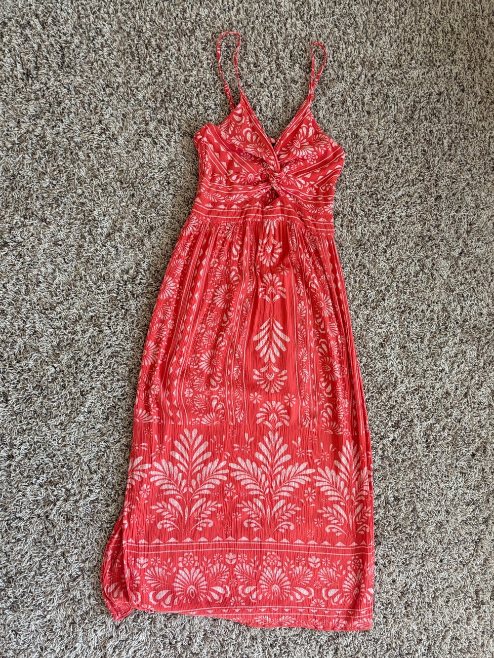 ANGIE Coral Floral Maxi Dress Womens Large Boho Spaghetti Strap Twist Front